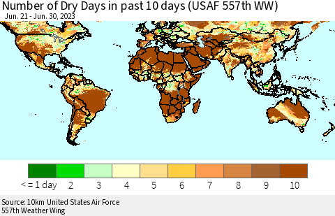 World Number of Dry Days in past 10 days (USAF 557th WW) Thematic Map For 6/26/2023 - 6/30/2023