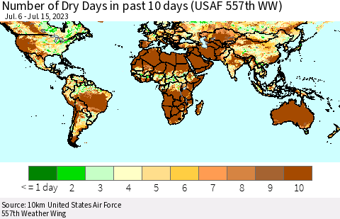 World Number of Dry Days in past 10 days (USAF 557th WW) Thematic Map For 7/11/2023 - 7/15/2023