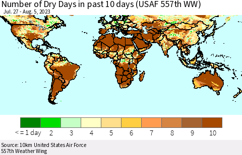 World Number of Dry Days in past 10 days (USAF 557th WW) Thematic Map For 8/1/2023 - 8/5/2023