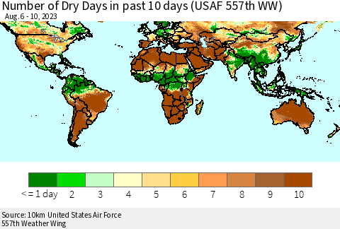 World Number of Dry Days in past 10 days (USAF 557th WW) Thematic Map For 8/6/2023 - 8/10/2023