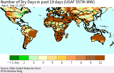 World Number of Dry Days in past 10 days (USAF 557th WW) Thematic Map For 8/11/2023 - 8/15/2023