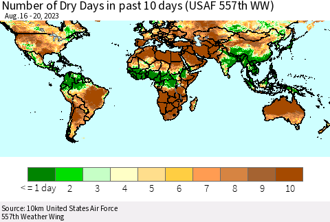 World Number of Dry Days in past 10 days (USAF 557th WW) Thematic Map For 8/16/2023 - 8/20/2023
