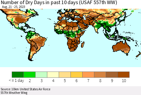 World Number of Dry Days in past 10 days (USAF 557th WW) Thematic Map For 8/21/2023 - 8/25/2023
