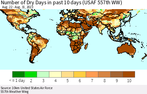 World Number of Dry Days in past 10 days (USAF 557th WW) Thematic Map For 8/26/2023 - 8/31/2023
