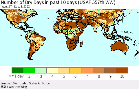 World Number of Dry Days in past 10 days (USAF 557th WW) Thematic Map For 9/1/2023 - 9/5/2023