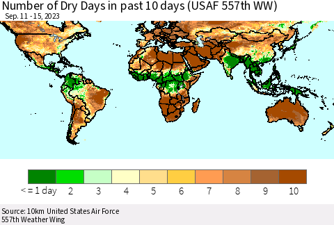 World Number of Dry Days in past 10 days (USAF 557th WW) Thematic Map For 9/11/2023 - 9/15/2023