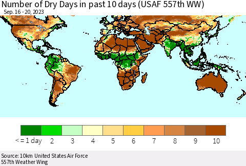 World Number of Dry Days in past 10 days (USAF 557th WW) Thematic Map For 9/16/2023 - 9/20/2023