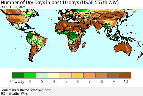 World Number of Dry Days in past 10 days (USAF 557th WW) Thematic Map For 10/11/2023 - 10/15/2023