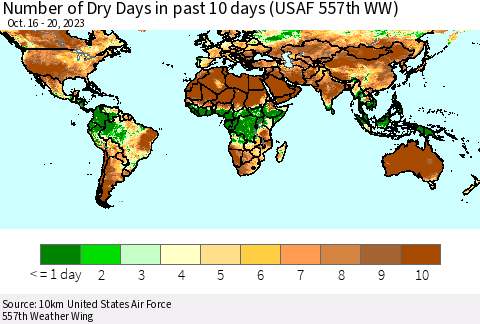 World Number of Dry Days in past 10 days (USAF 557th WW) Thematic Map For 10/16/2023 - 10/20/2023