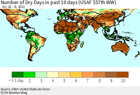 World Number of Dry Days in past 10 days (USAF 557th WW) Thematic Map For 10/26/2023 - 10/31/2023