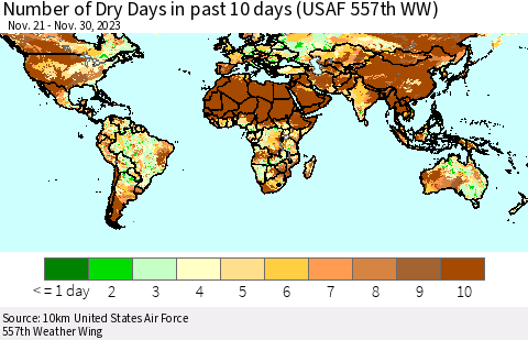 World Number of Dry Days in past 10 days (USAF 557th WW) Thematic Map For 11/26/2023 - 11/30/2023