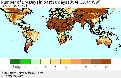 World Number of Dry Days in past 10 days (USAF 557th WW) Thematic Map For 1/21/2024 - 1/25/2024