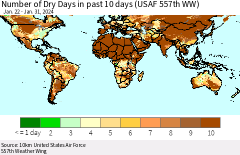 World Number of Dry Days in past 10 days (USAF 557th WW) Thematic Map For 1/26/2024 - 1/31/2024