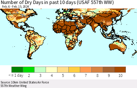 World Number of Dry Days in past 10 days (USAF 557th WW) Thematic Map For 2/11/2024 - 2/15/2024