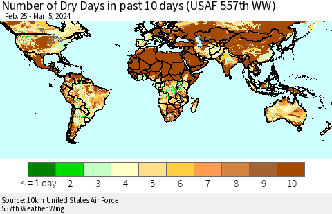 World Number of Dry Days in past 10 days (USAF 557th WW) Thematic Map For 3/1/2024 - 3/5/2024