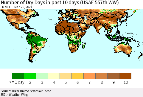 World Number of Dry Days in past 10 days (USAF 557th WW) Thematic Map For 3/16/2024 - 3/20/2024