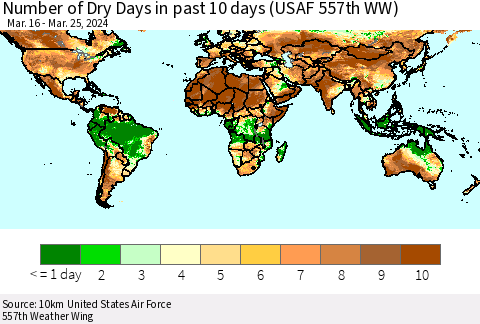 World Number of Dry Days in past 10 days (USAF 557th WW) Thematic Map For 3/21/2024 - 3/25/2024