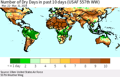 World Number of Dry Days in past 10 days (USAF 557th WW) Thematic Map For 3/26/2024 - 3/31/2024
