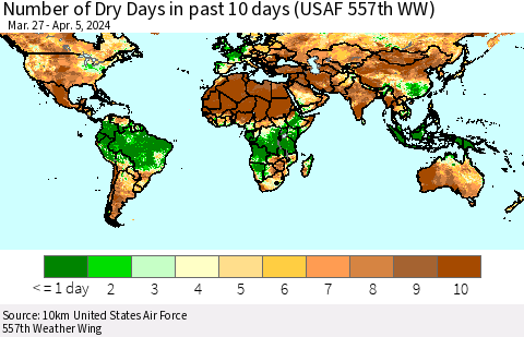 World Number of Dry Days in past 10 days (USAF 557th WW) Thematic Map For 4/1/2024 - 4/5/2024