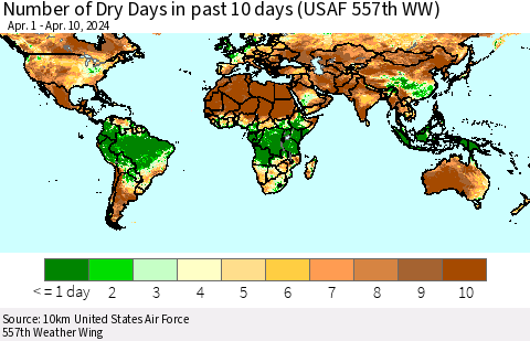 World Number of Dry Days in past 10 days (USAF 557th WW) Thematic Map For 4/6/2024 - 4/10/2024
