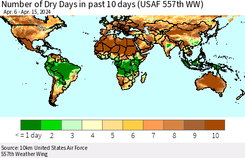 World Number of Dry Days in past 10 days (USAF 557th WW) Thematic Map For 4/11/2024 - 4/15/2024