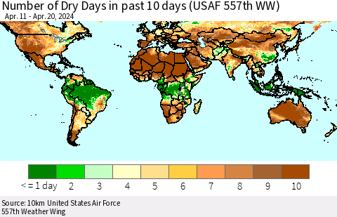 World Number of Dry Days in past 10 days (USAF 557th WW) Thematic Map For 4/16/2024 - 4/20/2024