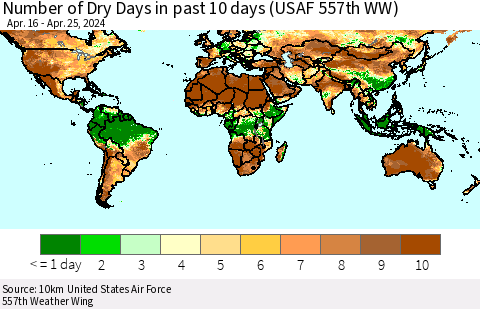 World Number of Dry Days in past 10 days (USAF 557th WW) Thematic Map For 4/21/2024 - 4/25/2024
