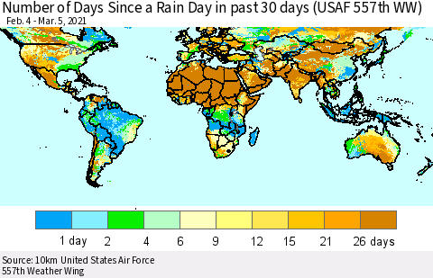 World Number of Days Since a Rain Day in past 30 days (USAF 557th WW) Thematic Map For 3/1/2021 - 3/5/2021