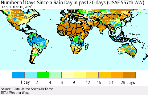 World Number of Days Since a Rain Day in past 30 days (USAF 557th WW) Thematic Map For 3/6/2021 - 3/10/2021