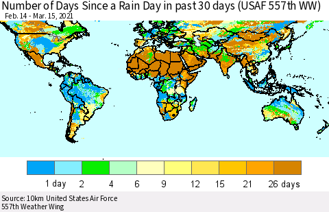 World Number of Days Since a Rain Day in past 30 days (USAF 557th WW) Thematic Map For 3/11/2021 - 3/15/2021