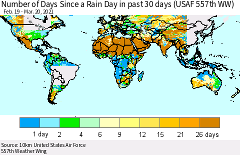 World Number of Days Since a Rain Day in past 30 days (USAF 557th WW) Thematic Map For 3/16/2021 - 3/20/2021