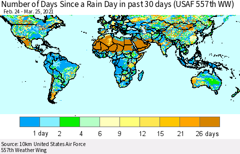 World Number of Days Since a Rain Day in past 30 days (USAF 557th WW) Thematic Map For 3/21/2021 - 3/25/2021