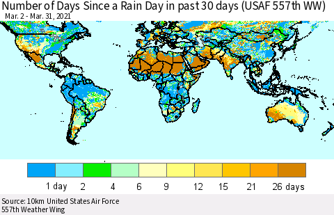 World Number of Days Since a Rain Day in past 30 days (USAF 557th WW) Thematic Map For 3/26/2021 - 3/31/2021