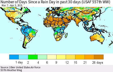 World Number of Days Since a Rain Day in past 30 days (USAF 557th WW) Thematic Map For 4/1/2021 - 4/5/2021