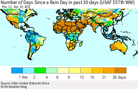 World Number of Days Since a Rain Day in past 30 days (USAF 557th WW) Thematic Map For 4/6/2021 - 4/10/2021