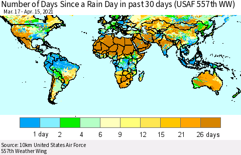 World Number of Days Since a Rain Day in past 30 days (USAF 557th WW) Thematic Map For 4/11/2021 - 4/15/2021