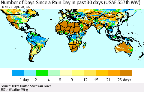 World Number of Days Since a Rain Day in past 30 days (USAF 557th WW) Thematic Map For 4/16/2021 - 4/20/2021
