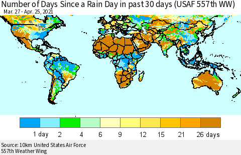 World Number of Days Since a Rain Day in past 30 days (USAF 557th WW) Thematic Map For 4/21/2021 - 4/25/2021