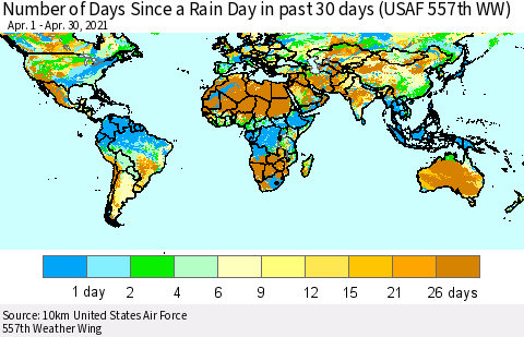 World Number of Days Since a Rain Day in past 30 days (USAF 557th WW) Thematic Map For 4/26/2021 - 4/30/2021