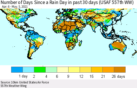 World Number of Days Since a Rain Day in past 30 days (USAF 557th WW) Thematic Map For 5/1/2021 - 5/5/2021