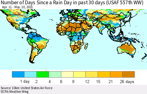 World Number of Days Since a Rain Day in past 30 days (USAF 557th WW) Thematic Map For 5/6/2021 - 5/10/2021