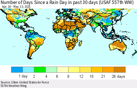 World Number of Days Since a Rain Day in past 30 days (USAF 557th WW) Thematic Map For 5/11/2021 - 5/15/2021