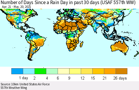 World Number of Days Since a Rain Day in past 30 days (USAF 557th WW) Thematic Map For 5/16/2021 - 5/20/2021