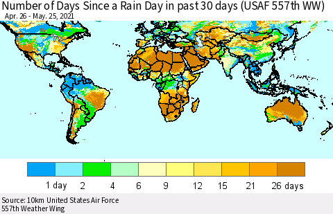 World Number of Days Since a Rain Day in past 30 days (USAF 557th WW) Thematic Map For 5/21/2021 - 5/25/2021