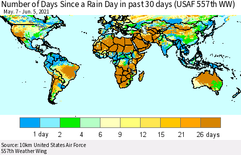 World Number of Days Since a Rain Day in past 30 days (USAF 557th WW) Thematic Map For 6/1/2021 - 6/5/2021