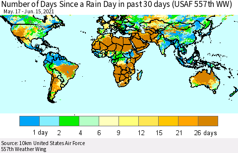 World Number of Days Since a Rain Day in past 30 days (USAF 557th WW) Thematic Map For 6/11/2021 - 6/15/2021