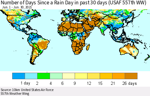 World Number of Days Since a Rain Day in past 30 days (USAF 557th WW) Thematic Map For 6/26/2021 - 6/30/2021