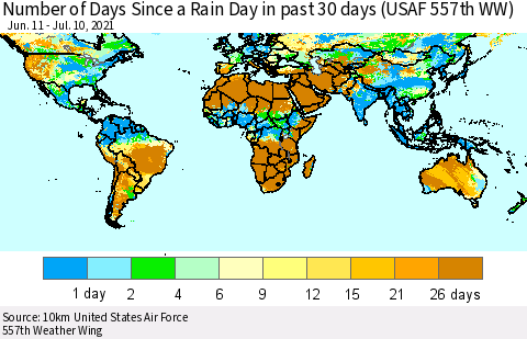 World Number of Days Since a Rain Day in past 30 days (USAF 557th WW) Thematic Map For 7/6/2021 - 7/10/2021