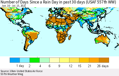 World Number of Days Since a Rain Day in past 30 days (USAF 557th WW) Thematic Map For 7/11/2021 - 7/15/2021