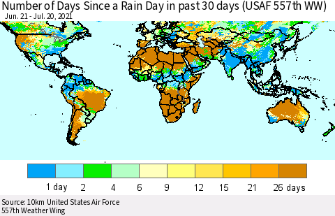 World Number of Days Since a Rain Day in past 30 days (USAF 557th WW) Thematic Map For 7/16/2021 - 7/20/2021
